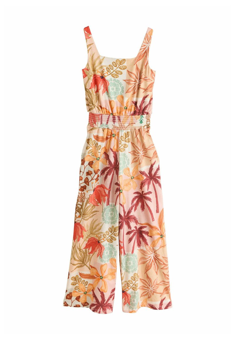 Bloemen jumpsuit in pasteltinten met een aansluitend bovenlijfje, brede benen en smocktail. Beschikt over tropische patronen en verstelbare bandjes.