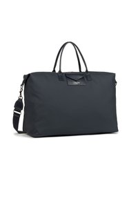 Borsa tote in nylon blu con dettagli in pelle, forma strutturata, doppie maniglie e tracolla regolabile; presenta una piccola tasca frontale.