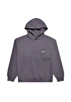 Szary hoodie z przednią kieszenią, posiadający teksturowany wzór, ściągacze u rękawów i kapturem ze sznurkiem. Wykonany z miękkiego materiału w luźnym kroju.