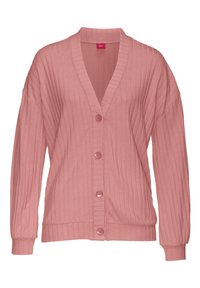 Cardigan de color rosa claro acanalado con escote en V, mangas largas y cinco botones en la parte delantera; tejido suave con patrón texturizado.
