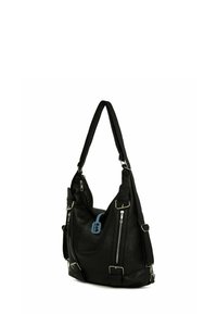 Čierna kožená kabelka s textúrovaným povrchom, dvomi prednými zipsovými vreckami, striebornými kovovými doplnkami a jedným ramenným popruhom. Neformálny dizajn.