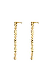 Guld hængende øreringe med sammenkoblede geometriske former, der har udskårne designs og små cirkulære accenter. Glat, poleret overflade hele vejen igennem.