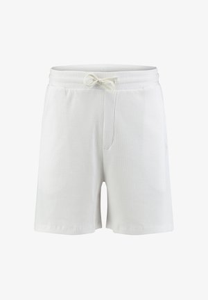 Białe dzianinowe szorty z elastycznym paskiem w talii i sznurkiem, z delikatnym wzorem teksturowym oraz bocznymi kieszeniami.