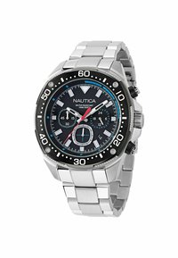 Orologio in acciaio inossidabile con quadrante nero, dettagli argentati, indicatori blu, impermeabile fino a 100 m e funzioni di cronografo.