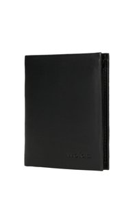 Schwarze Lederbrieftasche mit glatter Oberfläche, schlankem Design und eingeprägtem "wojas"-Logo. Verfügt über eine Reißverschlussseite für die Aufbewahrung.