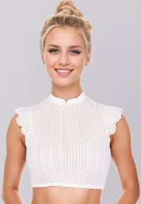 White cropped top featuring a textured fabric with vertical stripes, short ruffled sleeves, and a high neckline.