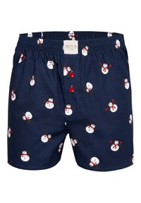 Námořnické modré boxerky, 100% bavlna, se vzorem opakujících se sněhuláků s červenými akcenty. Elastický pas a detail knoflíkové zapínání.