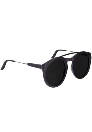 Black round sunglasses with thick plastic front frame and thin metal arms with black curved earpieces.