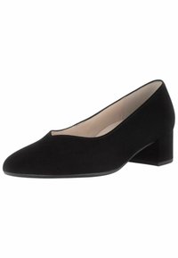 Décolleté in suede nero con punta arrotondata e tacco basso a blocco. All'interno presentano una morbida fodera, offrendo comfort e un design pulito.