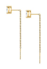 Orecchini in tono oro con un design a catena lunga, caratterizzati da un cristallo rettangolare in cima e un accento a barra sottile sotto.