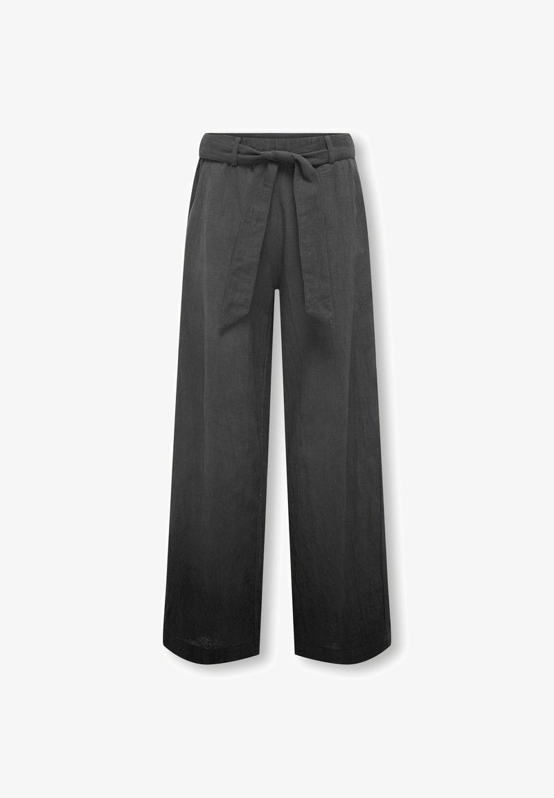 Pantalones de pierna ancha en lino gris oscuro, con un cinturón de tela y bolsillos laterales. Textura suave con un diseño relajado y aireado.
