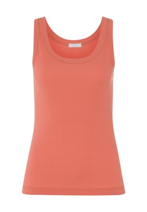 Top in tessuto a coste color corallo. Presenta un classico scollo a barca e un design aderente. Nessun logo o motivo visibile.