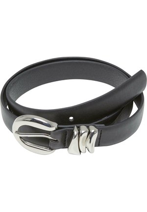 Black leather belt with a silver curved buckle and three decorative silver loops, coiled on a white background.