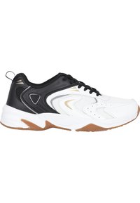 Vit och svart sportskor med en texturerad yta, guldaccenter och en gummisula med ett mönstrat grepp. Har snörning och en bakre ögla.