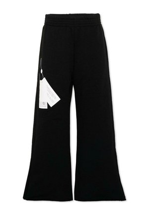 Pantaloni neri a gamba larga con vita elastica e una etichetta bianca con grafica sul fianco sinistro, mostrati su sfondo bianco.