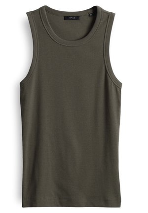 Olivgrünes Tanktop aus geripptem Stoff. Verfügt über einen runden Ausschnitt und ein ärmelloses Design mit sauberen, gesäumten Kanten.