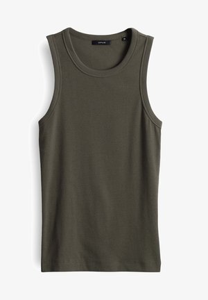Olivgrünes Tanktop aus geripptem Stoff. Verfügt über einen runden Ausschnitt und ein ärmelloses Design mit sauberen, gesäumten Kanten.