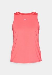 Nike bezrukávový top v jasné korálové barvě. Hladká, lehká tkanina s kulatým výstřihem a malým bílým logem na přední straně.