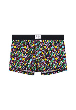 Barevné boxerské šortky se vzorem, který obsahuje směs tvarů v jasných barvách na černém pozadí. Měkká tkanina s černým elastickým pasem.
