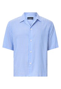 Camicetta a maniche corte con bottoni di colore azzurro chiaro con strisce verticali bianche. Realizzata in tessuto leggero, presenta un colletto classico e cinque bottoni.