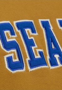 Brauner Stoff mit kräftigen, blauen, bestickten Buchstaben "SEA" mit weißer Umrandung, die ein strukturiertes Stickmuster zeigen.