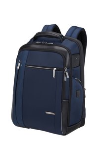 Zaino blu navy con accenti neri, realizzato in tessuto resistente. Caratterizzato da numerosi scomparti con zip e spallacci imbottiti.