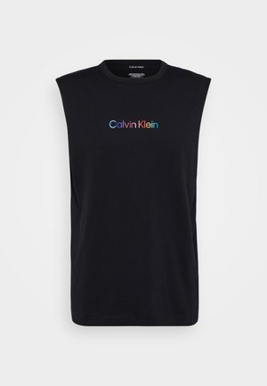 Musta ilmanhihaista puuvillapaitaa, jossa on monivärinen "Calvin Klein" -logo rinnassa. Yksinkertainen muotoilu, pyöreä kaula-aukko.