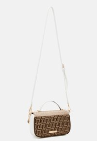 Brown and beige patterned handbag with a white strap, gold hardware, rectangular shape, and a top handle for versatility.