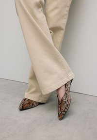 Spitz zulaufende Absatzschuhe mit einem Schlangenledermuster in Beigetönen, Braun und Orange, mit einem tiefen Schnitt und einem schlanken schwarzen Absatz.