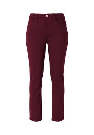 Burgunderfarbene Skinny-Jeans aus Baumwollmischung. Mit einem vorderen Knopfverschluss, einem Fünf-Taschen-Design und einer glatten, leicht dehnbaren Textur.