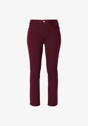 Burgunderfarbene Skinny-Jeans aus Baumwollmischung. Mit einem vorderen Knopfverschluss, einem Fünf-Taschen-Design und einer glatten, leicht dehnbaren Textur.
