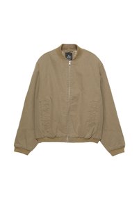 Giacca bomber color khaki con zip frontale, polsini e vita a costine. Presenta tasche laterali e dettagli trapuntati sulle maniche. Materiale in cotone.