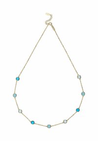 Collar de cadena de oro con gemas redondas pequeñas en tonos de azul y azul claro alternos, espacios uniformemente distribuidos.