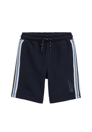 Tmavomodré športové šortky s elastickým pásom, sťahovacou šnúrkou, svetlomodrými a tmavomodrými pruhmi na bokoch a malým bielym nápisom na ľavej nohe.