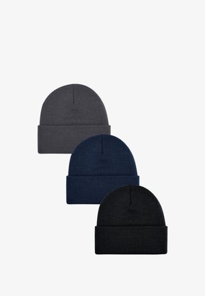 Drei gestrickte Mützen: oben grau, mittig marineblau, unten schwarz. Jede hat eine umgeschlagene Krempe, eine glatte Textur und eine abgerundete Krone. Schlichte, einfarbige Farben.