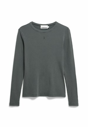 Lange mouwen, geribd shirt in donkergrijs met een ronde hals en een klein logodetail op de borst. Zachte textuur en een aansluitend ontwerp.