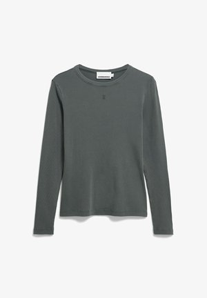 T-shirt à manches longues côtelé de couleur gris foncé avec un col rond et un petit logo sur la poitrine. Texture douce et coupe ajustée.