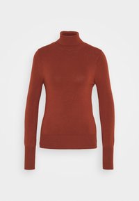 Maglione a collo alto color ruggine realizzato in tessuto a maglia liscia, caratterizzato da maniche lunghe e una silhouette aderente con un colletto e orlo a costine.