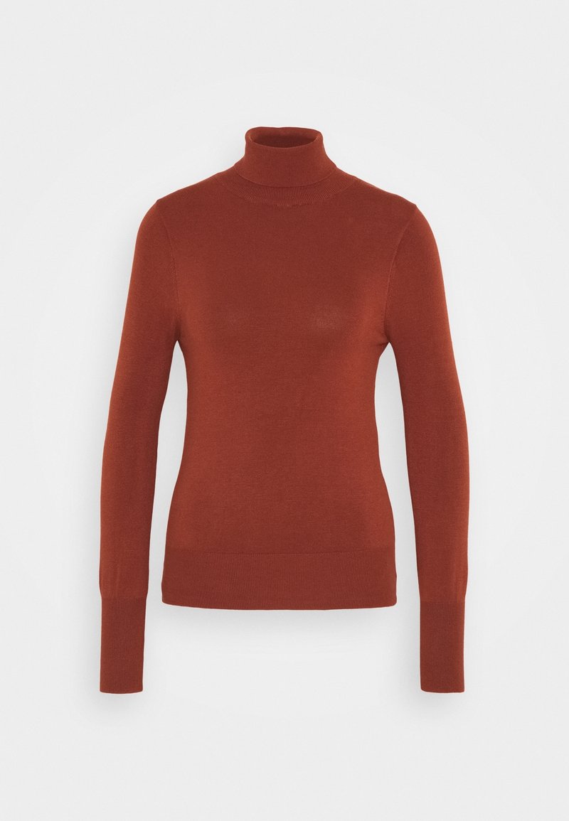 Maglione a collo alto color ruggine realizzato in tessuto a maglia liscia, caratterizzato da maniche lunghe e una silhouette aderente con un colletto e orlo a costine.