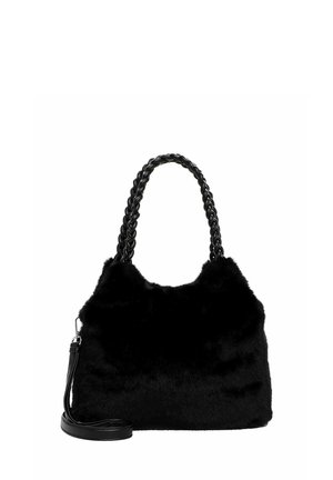 Borsa a tracolla in pelliccia sintetica nera con manico intrecciato nero, dotata di una tracolla rimovibile e texture morbida e pelosa.