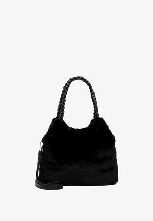 Borsa a tracolla in pelliccia sintetica nera con manico intrecciato nero, dotata di una tracolla rimovibile e texture morbida e pelosa.