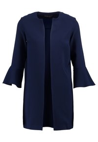 Mörkblå, långärmad jacka med avslappnad passform. Har en rund halsringning och utställda ärmar. Tillverkad av ett mjukt, lätt material. Öppen frontdesign.