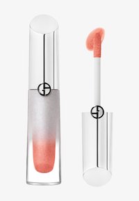 Lipgloss in een doorzichtige tube, met een gradient van roze naar zilver, een zilveren dop en een gebogen applicatorpunt voor gemakkelijke applicatie.