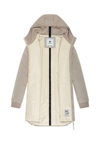 Lys beige jakke med hætte, der har et quiltet design, kontrasterende cremeforing og en sort lynlås. Indeholder accentdetaljer på ærmerne.