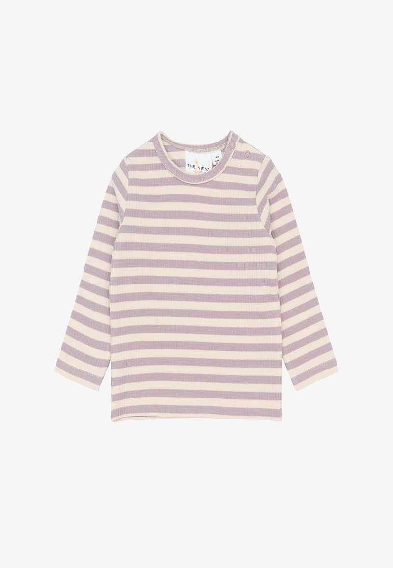 Camisa de rayas morado pastel y blanca de manga larga con un cuello redondo y dos botones a presión en el hombro. Tela de canalé texturizada.