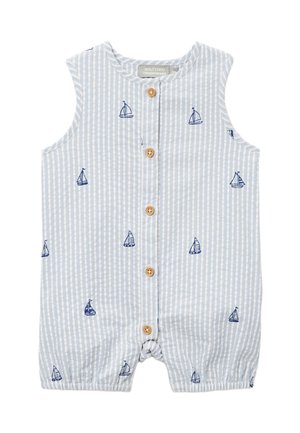 Barboteuse sans manches bleue et blanche à rayures avec des boutons en bois et des imprimés de voiliers bleu marine, taille 3 mois.