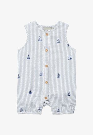 Barboteuse sans manches bleue et blanche à rayures avec des boutons en bois et des imprimés de voiliers bleu marine, taille 3 mois.