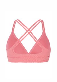 Bralette rosa con una fascia a motivo testurizzato, coppe triangolari e un design a tracolla incrociata sul retro. Tessuto liscio con una finitura morbida.