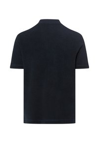 Polo noir uni à manches courtes montré de dos avec un col standard et sans logos ni motifs visibles.
