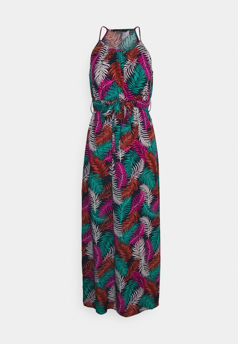Robe longue sans manches avec col halter, taille nouée et motif coloré de feuilles tropicales en vert, rose, marron et blanc sur fond noir.